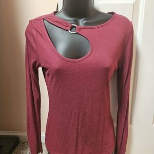 VENUS Maroon Long Sleeve Ribbed Cut-Out Top